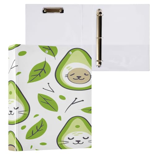 Ringbuch mit 3 Ringen, 3,8 cm, mit Klemmbrett für Schul/Bürobedarf, niedliches Katzengesicht, Avocado, Cartoon-Aktenordner, Organizer, hält 200 Blatt mit Innentaschen von OWFKAY