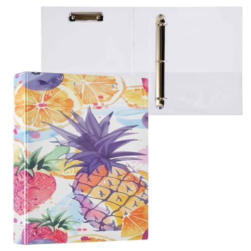 Ringbuch mit 3 Ringen, 3,8 cm, mit Klemmbrett für Schul-/Bürobedarf, Ananas, Erdbeere, Orange, Aktenordner, Organizer, hält 200 Blatt mit Innentaschen von OWFKAY