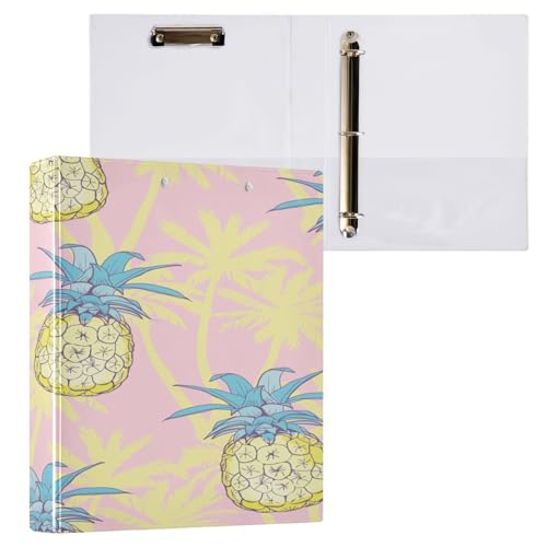 Ringbuch mit 3 Ringen, 3,8 cm, mit Klemmbrett für Schul-/Bürobedarf, Ananas, Palmblatt, Rosa, Aktenordner, Organizer, hält 200 Blatt mit Innentaschen von OWFKAY