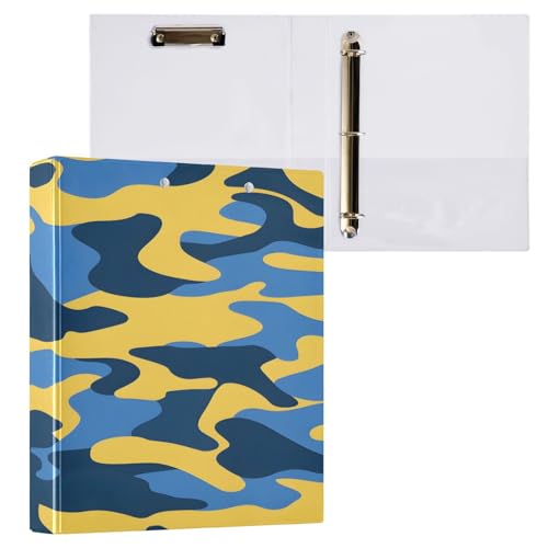 Ringbuch mit 3 Ringen, 3,8 cm, mit Klemmbrett für Schul-/Bürobedarf, Blau und Gelb, Camouflage-Muster, Aktenordner, Organizer, hält 200 Blatt mit Innentaschen von OWFKAY