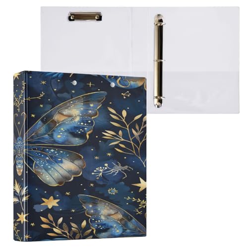 Ringbuch mit 3 Ringen, 3,8 cm, mit Klemmbrett für Schul-/Bürobedarf, Blau und Gold, Schmetterlings-Ordner, Organizer, hält 200 Blatt mit Innentaschen von OWFKAY