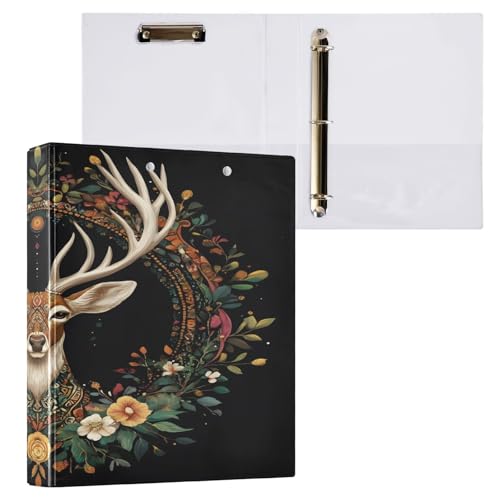 Ringbuch mit 3 Ringen, 3,8 cm, mit Klemmbrett für Schul-/Bürobedarf, Blumenmuster, Hirsch, Ordner, Organizer, hält 200 Blatt mit Innentaschen, 1 Stück von OWFKAY