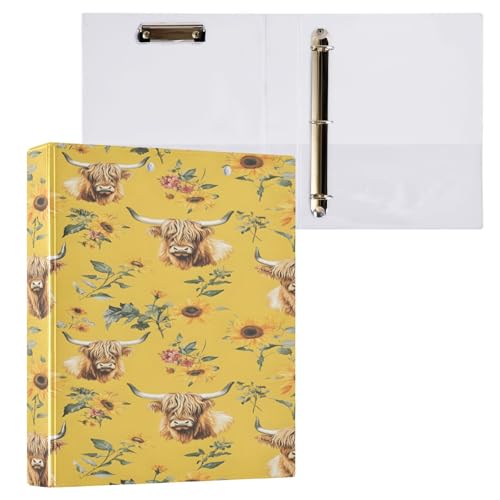 Ringbuch mit 3 Ringen, 3,8 cm, mit Klemmbrett für Schul-/Bürobedarf, Hochlandrind und Sonnenblume, Ordner, Organizer für 200 Blatt mit Innentaschen, 1 Stück von OWFKAY