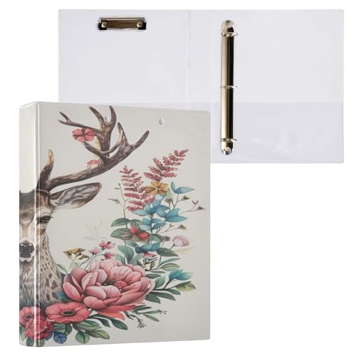 Ringbuch mit 3 Ringen, 3,8 cm, mit Klemmbrett für Schul-/Bürobedarf, Kunstwerke, Hirsch und Blumen, Aktenordner, Organizer, hält 200 Blatt mit Innentaschen von OWFKAY