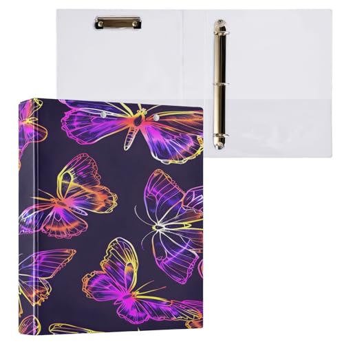 Ringbuch mit 3 Ringen, 3,8 cm, mit Klemmbrett für Schul-/Bürobedarf, Neonschmetterling-Muster, Aktenordner, Organizer, hält 200 Blatt mit Innentaschen von OWFKAY