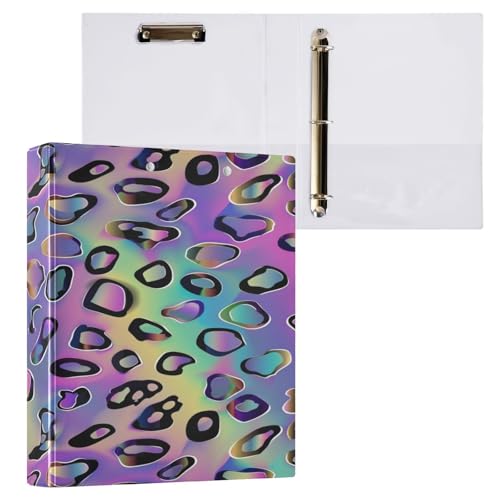 Ringbuch mit 3 Ringen, 3,8 cm, mit Klemmbrett für Schul-/Bürobedarf, Regenbogenfarben, Leopardenmuster, Ordner, Organizer, hält 200 Blatt mit Innentaschen von OWFKAY