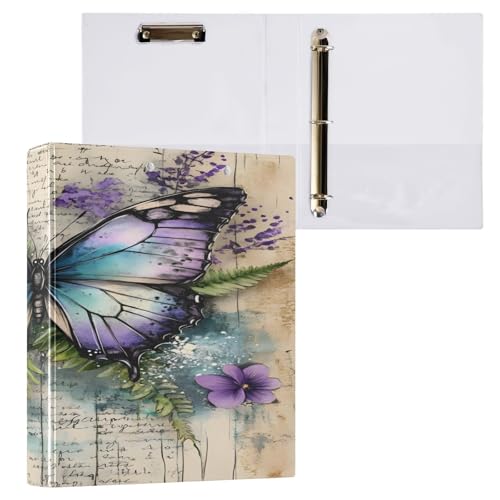 Ringbuch mit 3 Ringen, 3,8 cm, mit Klemmbrett für Schul-/Bürobedarf, Retro-Schmetterling, Ordner, Organizer, hält 200 Blatt mit Innentaschen, 1 Stück von OWFKAY