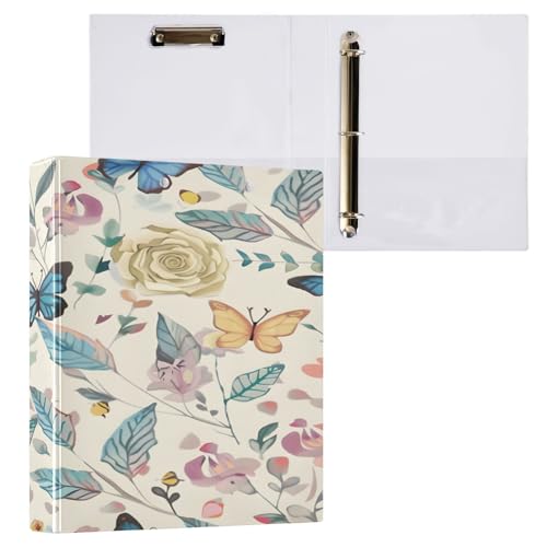 Ringbuch mit 3 Ringen, 3,8 cm, mit Klemmbrett für Schul-/Bürobedarf, Rose und Schmetterling, Aktenordner, Organizer, hält 200 Blatt mit Innentaschen von OWFKAY