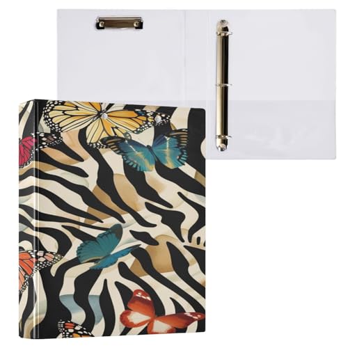 Ringbuch mit 3 Ringen, 3,8 cm, mit Klemmbrett für Schul-/Bürobedarf, Schmetterlinge auf Tier, Zebra, Aktenordner, Organizer, hält 200 Blatt mit Innentaschen von OWFKAY