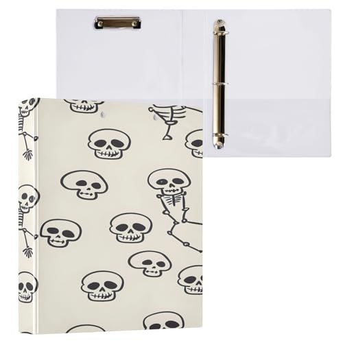 Ringbuch mit 3 Ringen, 3,8 cm, mit Klemmbrett für Schul-/Bürobedarf, Skelett, Cartoon-Stil, Aktenordner, Organizer, hält 200 Blatt mit Innentaschen von OWFKAY