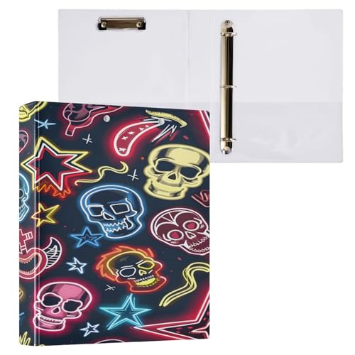 Ringbuch mit 3 Ringen, 3,8 cm, mit Klemmbrett für Schul-/Bürobedarf, Totenkopf-Neon-Aufkleber, Aktenordner, Organizer, hält 200 Blatt mit Innentaschen von OWFKAY