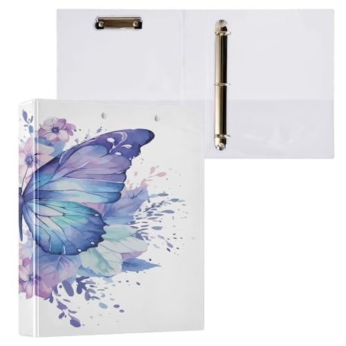 Ringbuch mit 3 Ringen, 3,8 cm, mit Klemmbrett für Schul-/Bürobedarf, Violett, Schmetterlings-Blumen, Tinten-Aktenordner, Organizer, hält 200 Blatt mit Innentaschen von OWFKAY