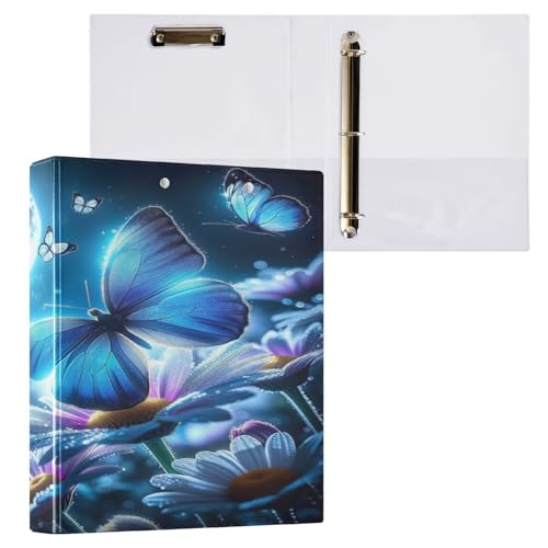 Ringbuch mit 3 Ringen, 3,8 cm, mit Klemmbrett für Schul-/Bürobedarf, bezaubernde Nachtblaue Schmetterlinge, Aktenordner, Organizer, hält 200 Blatt mit Innentaschen von OWFKAY