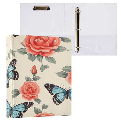 Ringbuch mit 3 Ringen, 3,8 cm, mit Klemmbrett für Schul-/Bürobedarf, blaue Schmetterlings-Rosen, Aktenordner, Organizer, hält 200 Blatt mit Innentaschen von OWFKAY