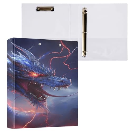Ringbuch mit 3 Ringen, 3,8 cm, mit Klemmbrett für Schul-/Bürobedarf, blauer Drache, Ordner, Organizer, hält 200 Blatt mit Innentaschen, 1 Stück von OWFKAY