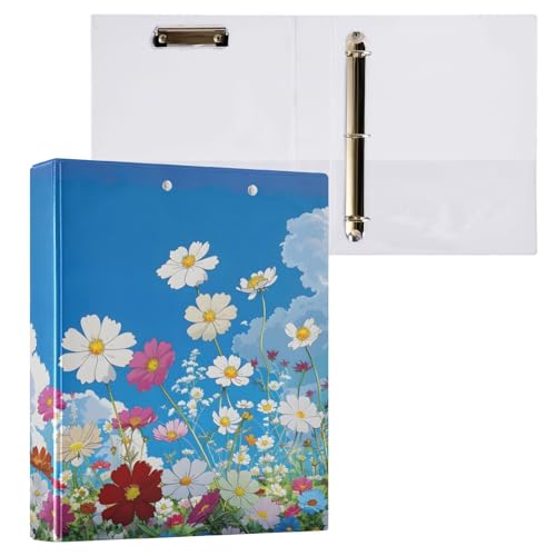 Ringbuch mit 3 Ringen, 3,8 cm, mit Klemmbrett für Schul-/Bürobedarf, blauer Himmel und Blumen, Aktenordner, Organizer, hält 200 Blatt mit Innentaschen von OWFKAY