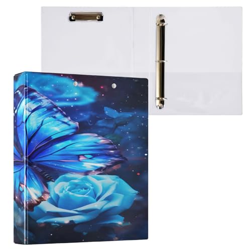 Ringbuch mit 3 Ringen, 3,8 cm, mit Klemmbrett für Schul-/Bürobedarf, blauer Schmetterling und Rose, Aktenordner, Organizer, hält 200 Blatt mit Innentaschen von OWFKAY