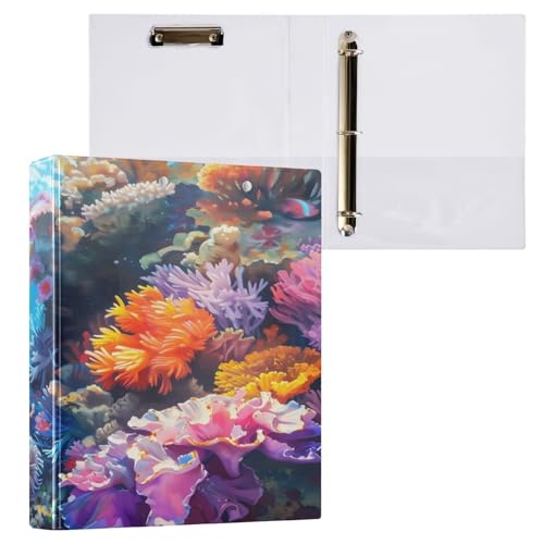Ringbuch mit 3 Ringen, 3,8 cm, mit Klemmbrett für Schul-/Bürobedarf, bunte Korallen und Clownfische, Aktenordner, Organizer, hält 200 Blatt, mit Innentaschen von OWFKAY