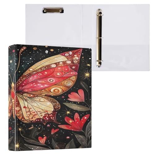 Ringbuch mit 3 Ringen, 3,8 cm, mit Klemmbrett für Schul-/Bürobedarf, roter Schmetterling, Ordner, Organizer, hält 200 Blatt mit Innentaschen, 1 Stück von OWFKAY