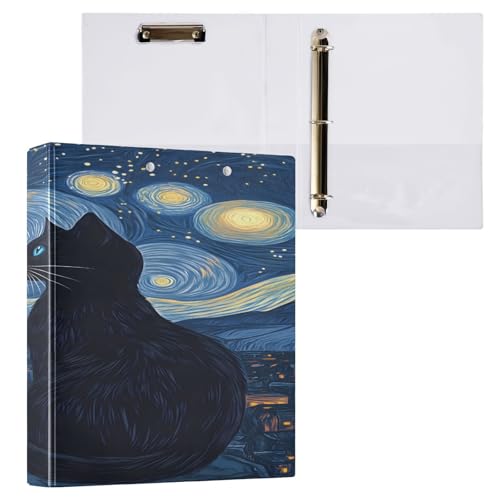Ringbuch mit 3 Ringen, 3,8 cm, mit Klemmbrett für Schul-/Bürobedarf, schwarze Katze, Ordner, Organizer, hält 200 Blatt mit Innentaschen, 1 Stück von OWFKAY