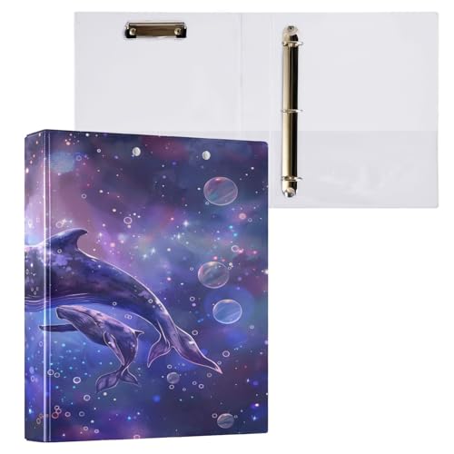 Ringbuch mit 3 Ringen, 3,8 cm, mit Klemmbrett für Schul-/Bürobedarf, zwei Wale, die im Weltraum spielen, Aktenordner, Organizer, hält 200 Blatt mit Innentaschen von OWFKAY