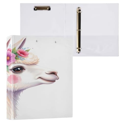 Ringbuch mit 3 Ringen, 3,8 cm mit Klemmbrett für Schul-/Bürobedarf, Alpakaka-Kopf, Blumen, Aktenordner, Organizer, hält 200 Blatt mit Innentaschen, 1 Stück von OWFKAY