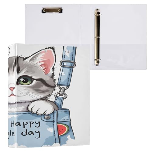 Ringbuch mit 3 Ringen, 3,8 cm mit Klemmbrett für Schul-/Bürobedarf, Happy Cat Aktenordner, Organizer, hält 200 Blatt mit Innentaschen, 1 Stück von OWFKAY