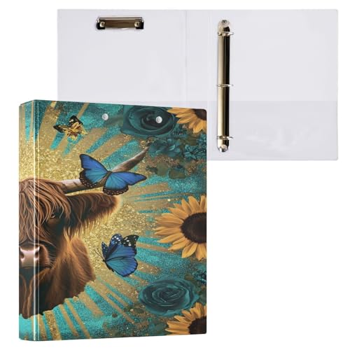 Ringbuch mit 3 Ringen, 3,8 cm mit Klemmbrett für Schul-/Bürobedarf, Kuh, Sonnenblumen, Aktenordner, Organizer, hält 200 Blatt mit Innentaschen, 1 Stück von OWFKAY