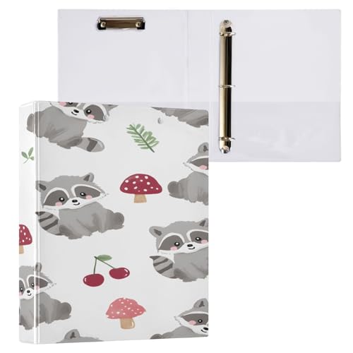 Ringbuch mit 3 Ringen, 3,8 cm mit Klemmbrett für Schul-/Bürobedarf, Waschbären, Kirschen, Ordner, Organizer, hält 200 Blatt mit Innentaschen, 1 Stück von OWFKAY