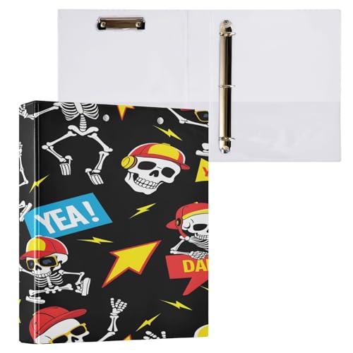Ringbuch mit 3 Ringen, 3,8 cm mit Klemmbrett für Schul-/Bürobedarf, cooles Totenkopf-Muster, Aktenordner, Organizer, hält 200 Blatt mit Innentaschen, 1 Stück von OWFKAY