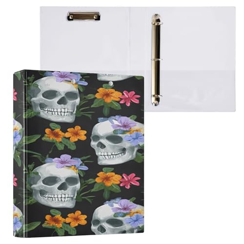 Ringbuch mit 3 Ringen, 3,8 cm mit Klemmbrett für Schul-/Bürobedarf, grauer Totenkopf-Blumenmuster, Aktenordner, Organizer, hält 200 Blatt mit Innentaschen, 1 Stück von OWFKAY