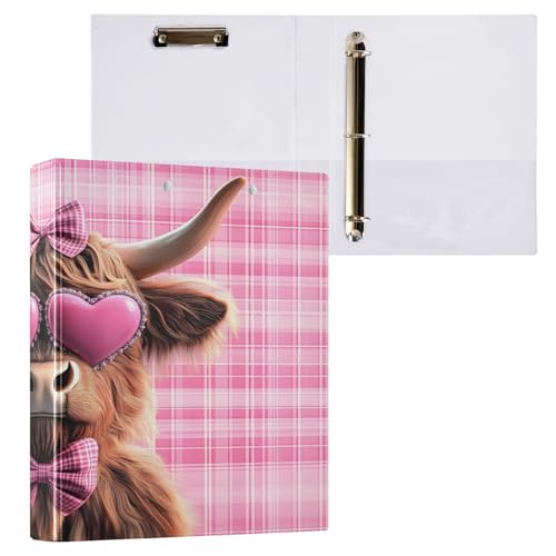 Ringbuch mit 3 Ringen, 3,8 cm mit Klemmbrett für Schul-/Bürobedarf, rosa Hochlandrind Aktenordner, Organizer, hält 200 Blatt mit Innentaschen, 1 Stück von OWFKAY