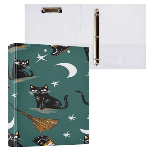 Ringbuch mit 3 Ringen, 3,8 cm mit Klemmbrett für Schul-/Bürobedarf, schwarze Katze, Besen, Aktenordner, Organizer, hält 200 Blatt mit Innentaschen, 1 Stück von OWFKAY