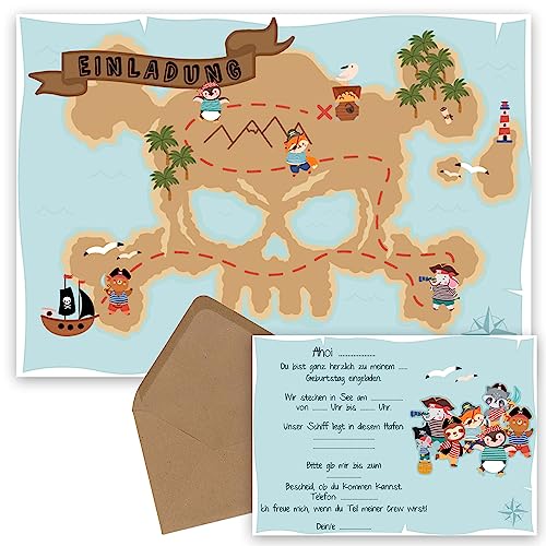 OWLBOOK Einladung Piraten Schatzkarte 10 Einladungskarten Pirat Piraten Kindergeburtstag Kinder - Piraten Party Einladung - Piratenparty Kindergeburtstag Geburtstag Geburtstagseinladung zum Ausfüllen von OWLBOOK