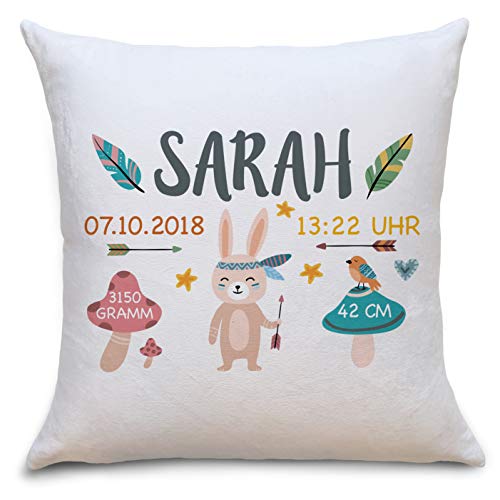 OWLBOOK Geburtskissen Hase Boho Flauschiges Kissen mit Namen und Geburtsdaten Geschenke Geschenkideen zur Geburt Baby Kind Mädchen Junge zum Geburtstag von OWLBOOK