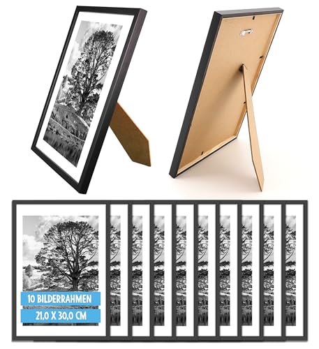 OWLBOOK® 10 Bilderrahmen 20x30 A4 Holzbilderrahmen in Schwarz | Holz Rahmen Fotorahmen | Echtholzrahmen | Dokumentenrahmen | Schwarzer Bilder Rahmen mit Standfuss und Aufhängung von OWLBOOK