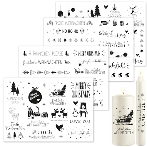 OWLBOOK® Kerzentattoos Weihnachten Kerzen Tattoo Sticker Kerzenfolien Tattoo Folie Kerzensticker Aufkleber I Wasserschiebefolie Weihnachtsset 4 x Din A5 von OWLBOOK