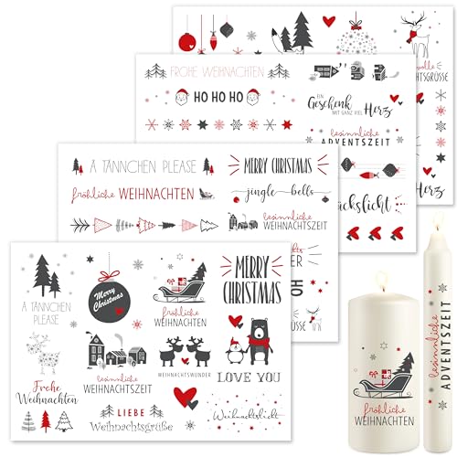 OWLBOOK® Kerzentattoos Weihnachten Kerzen Sticker Kerzenfolien Tattoo Folie Kerzensticker Aufkleber I Wasserschiebefolie Weihnachtsset Rot 4 x Din A5 von OWLBOOK