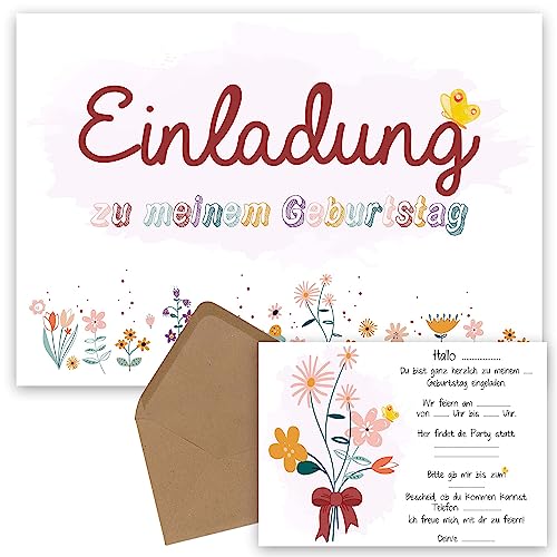 OWLBOOK Einladung Blumenwiese 10 Einladungskarten Kindergeburtstag Mädchen Geburtstagseinladungen Mädchen zur Motto Party - Kinder Geburtstags Einladungen zum Ausfüllen mit Umschläge von OWLBOOK