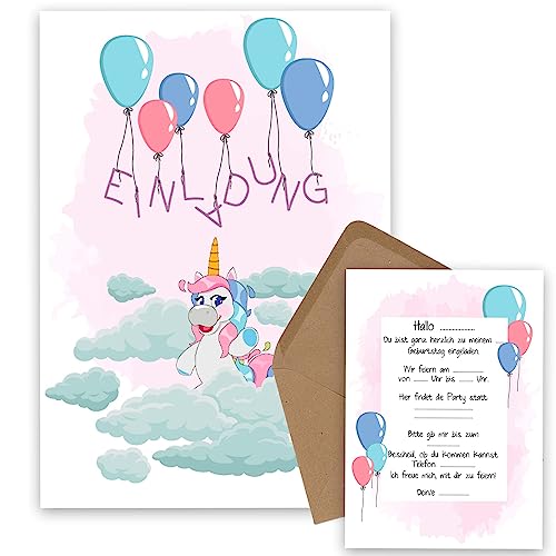 OWLBOOK Einladung Einhorn mit Luftballons 10 Einladungskarten Kindergeburtstag Mädchen Einhorn Geburtstagseinladungen Mädchen zur Einhorn Motto Party - Kinder Geburtstag Einladungen zum Ausfüllen von OWLBOOK