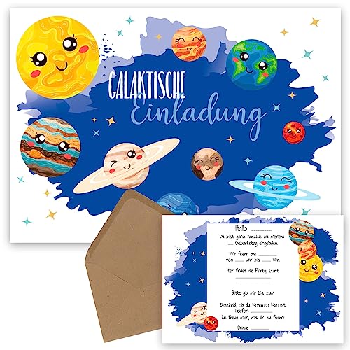 OWLBOOK Einladung Universum mit Planeten Einladungskarte Kindergeburtstag Weltraum Junge Mädchen Kinder - Einladungskarten Planeten - Einladung Geburtstag Astronaut Weltall - zum Ausfüllen mit von OWLBOOK