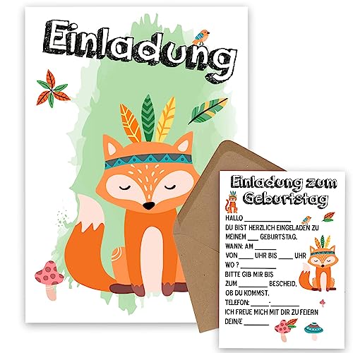 OWLBOOK Fuchs Boho 10 Einladungskarten Kindergeburtstag Junge Mädchen Kinder - Wilde Tiere Geburtstag - Kindergeburtstagseinladungen Wald Tiere Zoo Dschungel Einladungen zum Ausfüllen mit Umschläge von OWLBOOK