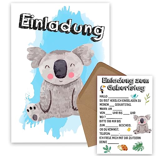 OWLBOOK Koala Safari 10 Einladungskarten Kindergeburtstag Junge Mädchen Kinder - Wilde Tiere Geburtstag - Kindergeburtstagseinladungen Wald Tiere Zoo Dschungel Einladungen zum Ausfüllen mit von OWLBOOK