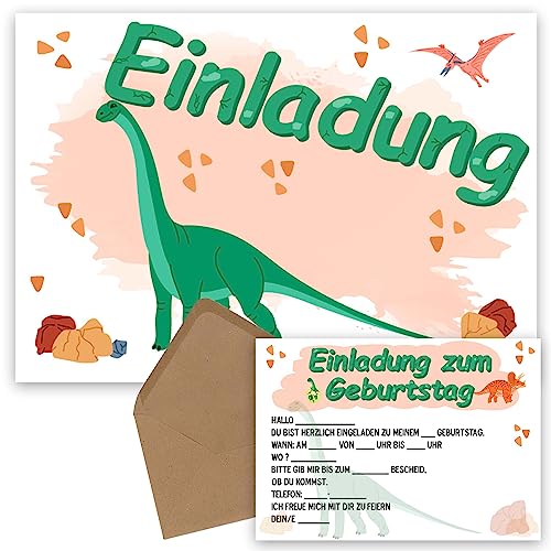 OWLBOOK Langhals 10 Einladungskarten Kindergeburtstag Junge Jungs Dino Dinosaurier - Geburtstageinladungskarte für Jungen - Kinder Geburtstag Einladungen zur Geburtstagsfeier zum ausfüllen mit von OWLBOOK