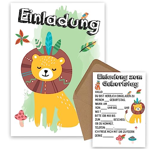 OWLBOOK Löwe Boho 10 Einladungskarten Kindergeburtstag Junge Mädchen Kinder - Wilde Tiere Geburtstag - Kindergeburtstagseinladungen Wald Tiere Zoo Dschungel Einladungen zum Ausfüllen mit von OWLBOOK