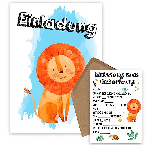 OWLBOOK Löwe Safari 10 Einladungskarten Kindergeburtstag Junge Mädchen Kinder - Wilde Tiere Geburtstag - Kindergeburtstagseinladungen Wald Tiere Zoo Dschungel Einladungen zum Ausfüllen mit von OWLBOOK