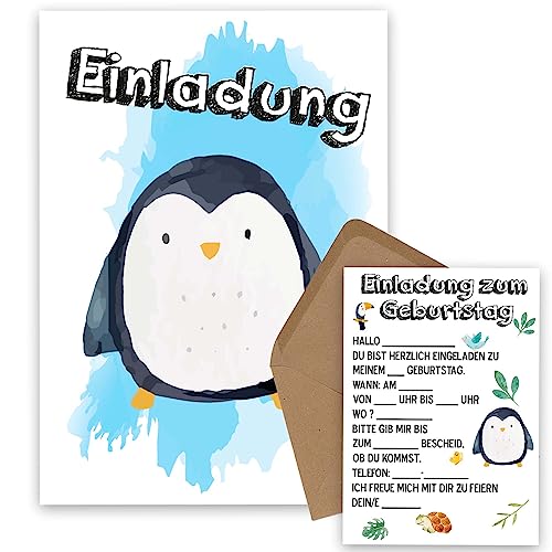 OWLBOOK Pinguin Safari 10 Einladungskarten Kindergeburtstag Junge Mädchen Kinder - Wilde Tiere Geburtstag - Kindergeburtstagseinladungen Wald Tiere Zoo Dschungel Einladungen zum Ausfüllen mit von OWLBOOK