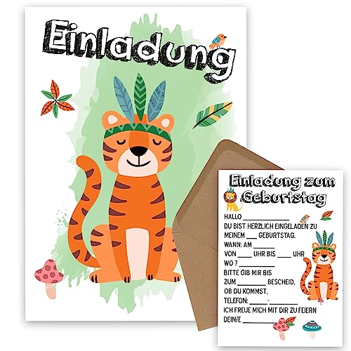 OWLBOOK Tiger Boho 10 Einladungskarten Kindergeburtstag Junge Mädchen Kinder - Wilde Tiere Geburtstag - Kindergeburtstagseinladungen Wald Tiere Zoo Dschungel Einladungen zum Ausfüllen mit Umschläge von OWLBOOK