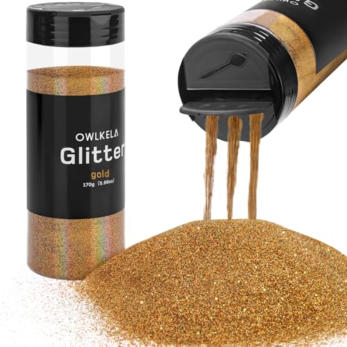 OWLKELA 170 g feiner Glitzer, goldenes Glitzerpulver für Sesin, Kunst & Handwerk, Nägel, Haar, Gesicht, Körper, Schleim, Festival-Kosmetikpulver zum Malen, Kerzen-/Seifenherstellung, Wachsen von OWLKELA