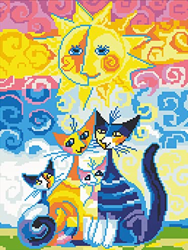 Kreuzstich-Set, gestempelt, OWN4B Katzenfamilie und Sonne, bedrucktes Muster, 11 Karat, 36,1 x 46 cm von OWN4B